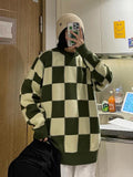 Joskaa Tawaaiw Checkerboard Plaid Sweater Women Long Sleeve Korean Style Knitted Pullover O-Neck Loose Ladies Jumper Autumn Winter Tops