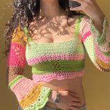 Joskaa Wsevypo Color Block Knitted Pullover Crop Tops E-Girl Aesthetic Women Long Flared Sleeve Square Neck Sweaters Crochet Knitwear