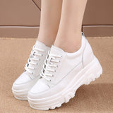 Joskaa  8Cm Leather Microfiber Women Casual Shoes Platform Wedge Hidden Heel Summer Shoes Platform Chunky Sneakeers Fashion White