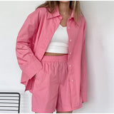 Joskaa Cotton Long Sleeve Shirt Shorts 2 Piece Sets Women Single Breasted Suits Spring Fashion Ladies Pink High Waist Drawstring Set