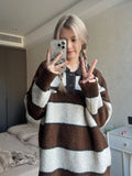 Joskaa Tawaaiw Winter Warm Sweater Women Loose Long Sleeve Striped Pullovers Knitted American Retro Jumpers Female Streetwear Tops 2024