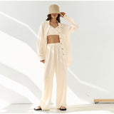 Joskaa Cotton Linen Trousers 2 Piece Set Women Fashion Solid Long Sleeve Home Suit Casual Ladies Wide Leg Pants Sets