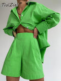 Joskaa Casual Women Short Set Tracksuit Loungewear Two Piece Women Outfits Oversized Long Shirt And High Waist Shorts Green