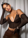 JOSKAA V-neck Skinny Mesh Sheer Crop Top Women T-shirt Tees Summer Sexy Cropped Shirt With Gloves Fashion Streetwear Tops 2024