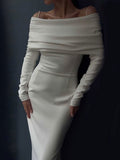 Joskaa White Off Shoulder Long Sleeve Dress Women Elegant Folds Slim Dresses Female Fashion French Solid Color Dress