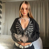 Joskaa Y2K Rhinestone Skeleton Hoodies Women Gothic Black Zip Up Oversized Sweatshirts Autumn Female Harajuku Hooded Jacket Streetwear