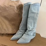 JOSKAA Country Concert Outfit Summer Pleats Blue Denim Thigh High Boots for Women 2024 Autumn Thick Heeled Pointed Toe Cowboy Boots Woman Slip On Western Long Boots