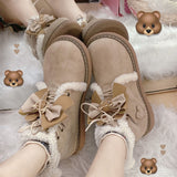 Joskaa Oraqwlj Lolita Shoes Mary Jane Shoes Winter Plus Velvet Snow Boots Women Round Toe Thick Bottom Sweet Bow Kawaii Jk Uniform Shoe