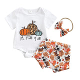 Halloween Joskaa Lioraitiin 0-18M 3Pcs Baby Girls Halloween Outfit Pumpkin/Letter Print Short Sleeve Romper Shorts Headband Set