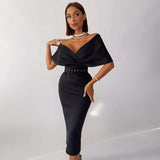 Joskaa Christmas Gift Sampic Sexy Women V Neck Off Shoulder Party Club Bodycon Midi Dress With Belt 2024 Fashion Wrap Elegant Dresses 2024 Autumn