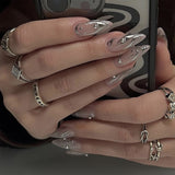 Joskaa Wearable Silver Stripes Y2k False Nails Long Almond Round Fashion Nail Tips Press On With Silver Beads Designs Fake Nails August Nails 2024