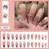 Joskaa 24Pcs Super Shiny False Nail Long Coffin Head Fake Nail with Diamond for Women and Girl Fake Nail Back To School Nails