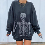 Joskaa Y2k Retro Women's Sweatshirt 2024 Europe And The United States Autumn Fashion Sweater Skull Print Gray Women's Sweater Pullover