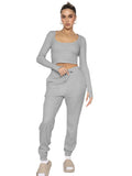 Joskaa Waffle Solid U Neck Long Sleeve Pants Set Women Cropped Top High Waist Trouser 2 Piece Set Female Casual Pantsuits