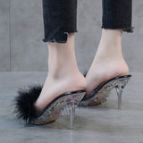 Joskaa Sexy Stiletto Heels Fur Slippers For Women 2024 Summer Fashion Platform Sandals Woman Transparent Pvc Ladies Mules Shoes