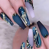 Joskaa 24Pcs Marble Gradient Long Coffin False Nails Detachable Wearable Gold Foil Ballerina Fake Nails Full Cover Nail Tips Press Glue