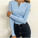 Joskaa V-Neck Cropped Top Women Shirts Sexy Long Sleeve Thread Fitting T-Shirt 2024 Spring Ladies Solid Tight Underlay