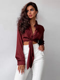 Joskaa Sexy Lace Up Lapels Blouses Lady Vintage Long Sleeves Female Cropped Tops 2024 Spring Casual Brown Party Club Shirts