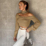 Joskaa Wsevypo Fall Winter Chic Off Shoulder Halterneck Knit Sweaters Women Casual Long Sleeve Cutout Pullover Crop Tops Street Jumpers