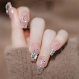 Joskaa 24pcs Rhinestone Design Fake Nails Shiny Bridal Women Lady party nail DIy Decorations Press On nail Tips False Nail Patch