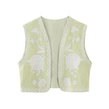 Joskaa Vintage Floral Embroidered Open WaistCoat Women Spring National Style Vest Jacket Outfits Lady Fashion Casual Vacation Crop Top