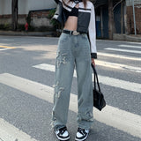 Joskaa Back To School Outfits High Stree Baggy Jeans Women New High Waist Vintage Washed Pentagram Hiphop Zipper Button Casual Long Wide-leg Pants