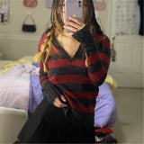 Joskaa Kawaii Striped Knitted Sweaters Women Elegant Oversized Pullovers Harajuku Sweater Tops Punk Fairy Grunge Streetwear