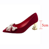 Joskaa Elegant Ladies Red Silk Wedding Bride Shoes Pearl Bowknot Pointed Toe Pumps Women Sexy Party   High Heels Shoes Woman