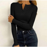 Joskaa V-Neck Cropped Top Women Shirts Sexy Long Sleeve Thread Fitting T-Shirt 2024 Spring Ladies Solid Tight Underlay