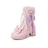 Joskaa Charming Sweet Cute JK Lolita Girls Boots Pink White Cross-tied Lace Ruffles Bowtie Knot Platform Chunky Heels Winter Shoes Hoco Shoes