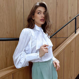 Joskaa Loose Lace Up Bow Shirt Lady Elegant Solid Female Puff Sleeve Satin Blouse 2024 Spring Casual Office Lady White Shirts