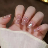 Joskaa 24Pcs False Nails Crystal Sequins with Pearl Diamond Decorations Ballerina Fake Nail Patch Back To School Nails