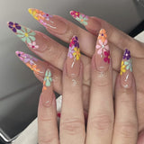 Joskaa Nail Inspo 2024 Summer 24pcs Almond False Nails French Fresh Flower Frosting Press On Nails 2024 Summer New DIY Wearing Full Set Manicure Tools