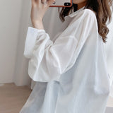 Joskaa HOUZHOU White Transparent Chiffon Blouse Chic Women Summer Oversize Puff Long Sleeve Shirt Korean Style Cardigan Basic Sheer Top