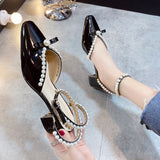 Joskaa Fashion Pearl Ankle Strap Pumps Women Spring Summer 2024 Patent Leather Square Heels Sandals Woman Black Banquet Shoes