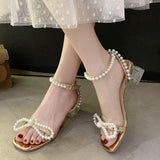 Fashion Ankle Strap Pearls Sandals Women 2022 Summer PVC Transparent Heels Sandalias Mujer Beaded Bow Party Shoes Woman