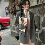 Joskaa Korean Blazer Women Loose Double Breasted England Style Solid Button Basics Notched Casual Long Sleeve Suit Coats