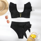 Joskaa V-Wire Ruffle Bikini 2024 Women High Waisted Swimsuit Solid Black Swimwear Female Bathers Bathing Swimming Suit Summer Beachwear