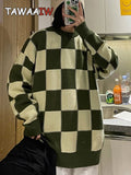 Joskaa Tawaaiw Checkerboard Plaid Sweater Women Long Sleeve Korean Style Knitted Pullover O-Neck Loose Ladies Jumper Autumn Winter Tops