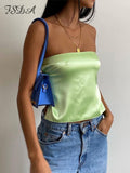 Joskaa 2024 Satin Backless Sexy Crop Top Women Green Y2K Summer Cami Bandage Sleeveless Strapless Tank Tops Off Shoulder