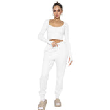 Joskaa Waffle Solid U Neck Long Sleeve Pants Set Women Cropped Top High Waist Trouser 2 Piece Set Female Casual Pantsuits