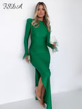 Joskaa 2024 Spring Autumn Green Feather Bodycon Dress Women Black Long Sleeve Split Party Maxi Dresses Elegant Sexy Outfits