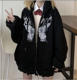 Joskaa Y2K Butterfly Print Hoodies Women Gothic Grunge Long Sleeve Oversize Zip Up Hoodie Jacket Harajuku Hooded Sweatshirt Streetwear