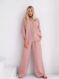 Joskaa Cotton Line Long Sleeve Blouses 2 Piece Sets Women Pink Shirt Set 2024 new Lady casual High Waist Pants Pajamas Suit