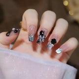 Joskaa 24PCS Glitter Nails Set Press On With Adhesive Strips Korean Cute Black Heart Design Fake Nails Full Coverage Nails for girls