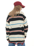 Joskaa Tawaaiw Retro Striped Sweater Women Loose Casual Pullovers Hip Hop Broken Hole Rainbow Sweater Streetwear Knitted Jumpers Autumn