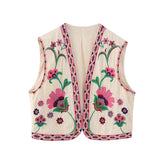 Joskaa Vintage Floral Embroidered Open WaistCoat Women Spring National Style Vest Jacket Outfits Lady Fashion Casual Vacation Crop Top