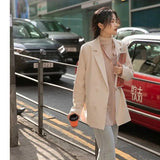 Joskaa Korean Blazer Women Loose Double Breasted England Style Solid Button Basics Notched Casual Long Sleeve Suit Coats