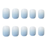 Joskaa 24pcs Girls Summer Holiday Gradient Blue Fake Nail Sweet Short Square Nail Art Tips with Glue Women Smooth Fake Nail Blueberry Milk Nails