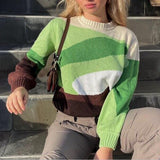 Joskaa Green Women Striped Knitted Sweater Elegant Casual Loose Pullover  Winter 2022  Long Sleeve Top Warm Thick Print Jumpers Female